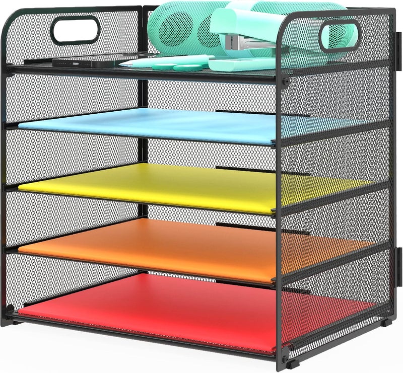Sinboun Letter Tray Paper Organizer 5-Tier Desk Organizer File Organizer Paper Holder with Handle, Metal Desktop Document Shelf Tray Office Classroom Organization - Black - Image 1
